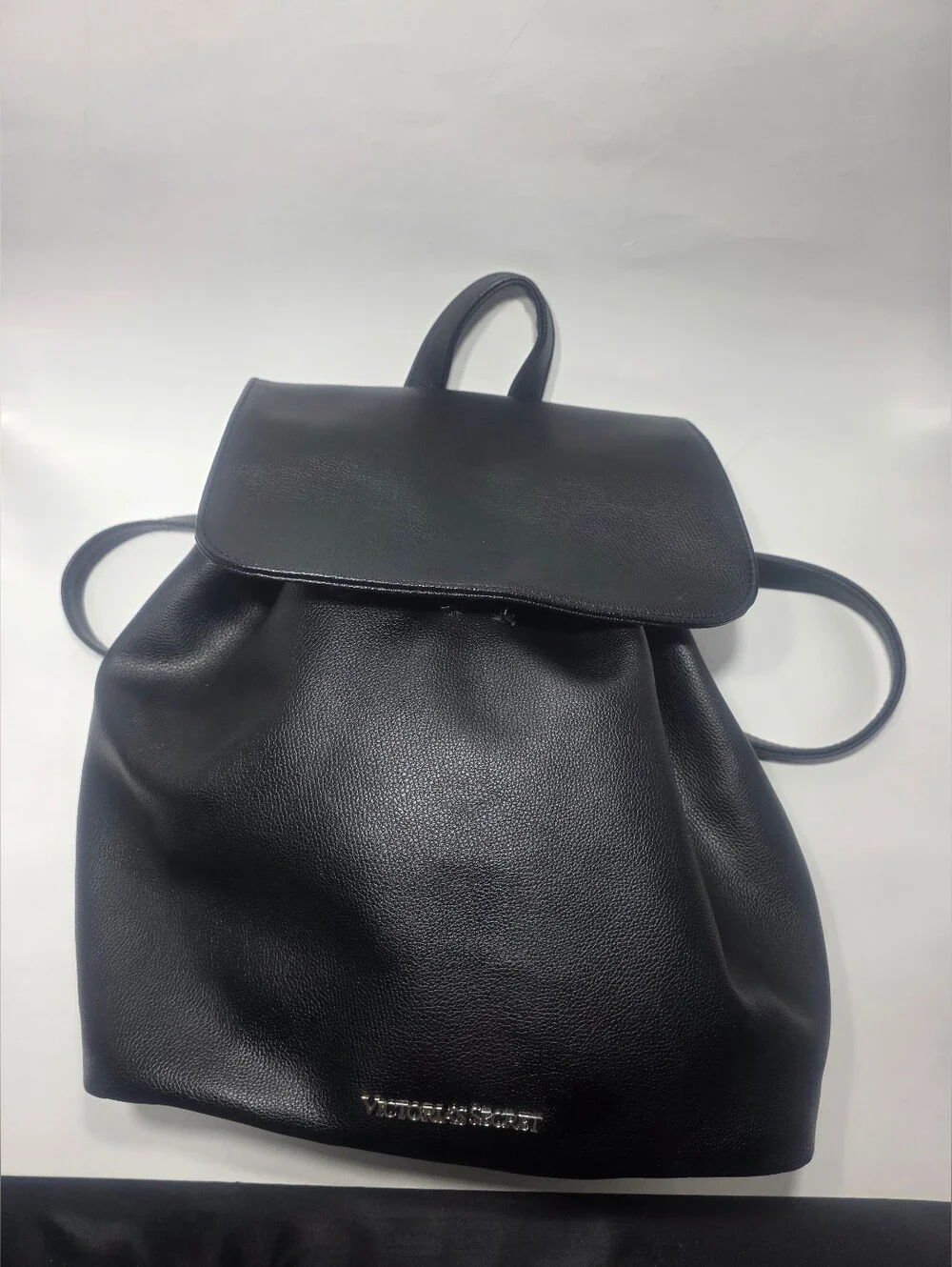 Victoria’s Secret Black Faux Leather Backpack Drawstring Bag Silver  Logo - Picture 2 of 8